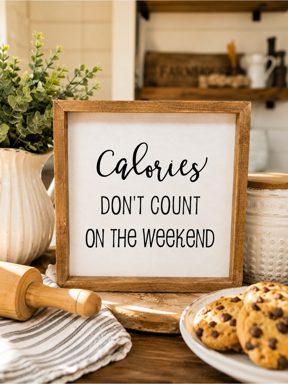 Funny Farmhouse Kitchen Sign Calories Don’t Count on the Weekend - Picture 2 of 4